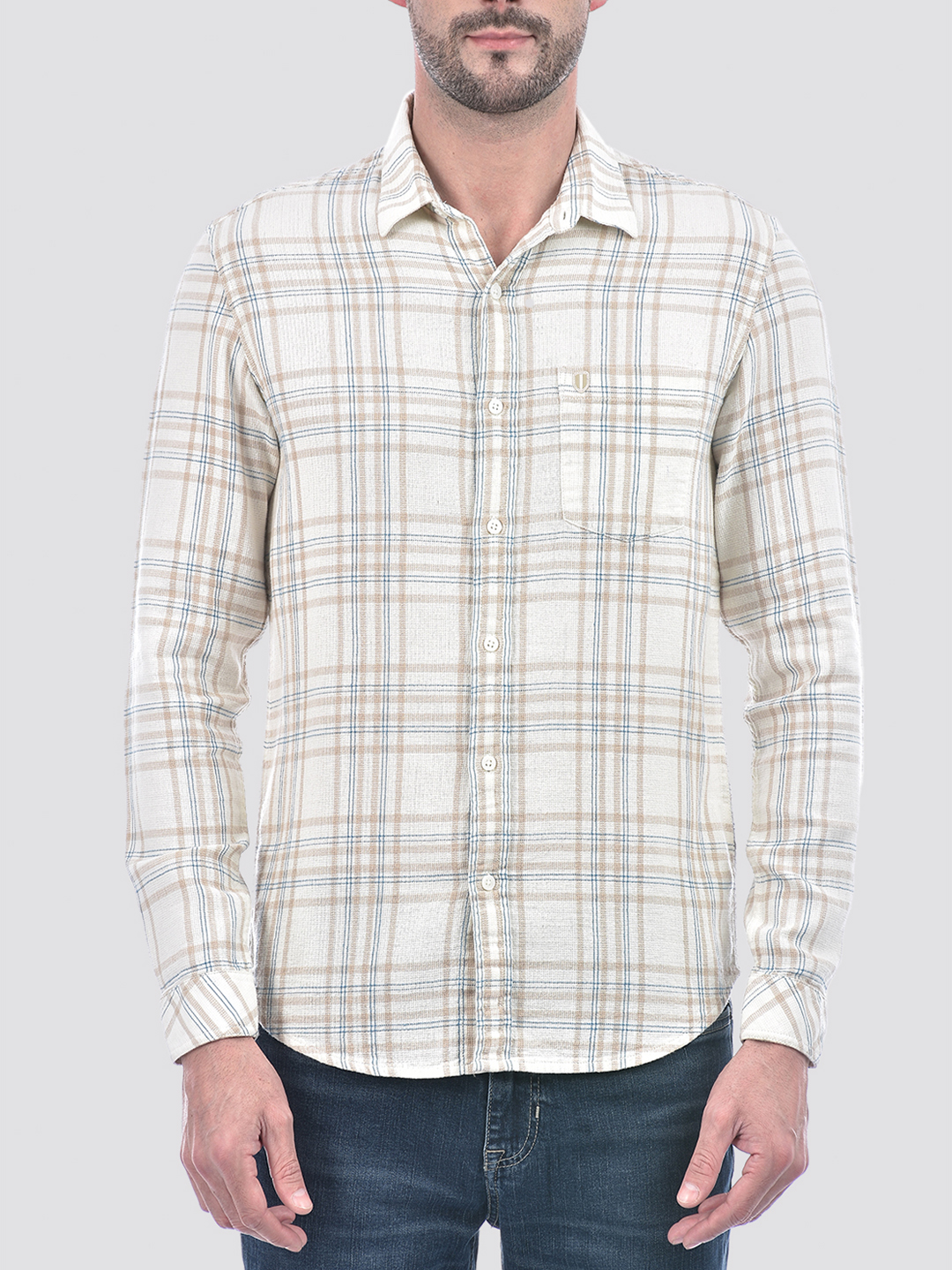 Numero Uno Men Checkered Beige Shirt